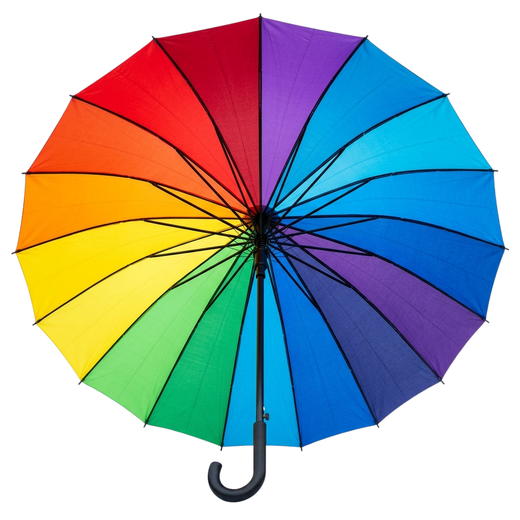 Open umbrella with a vibrant rainbow pattern of red, orange, yellow, green, blue, and purple sections