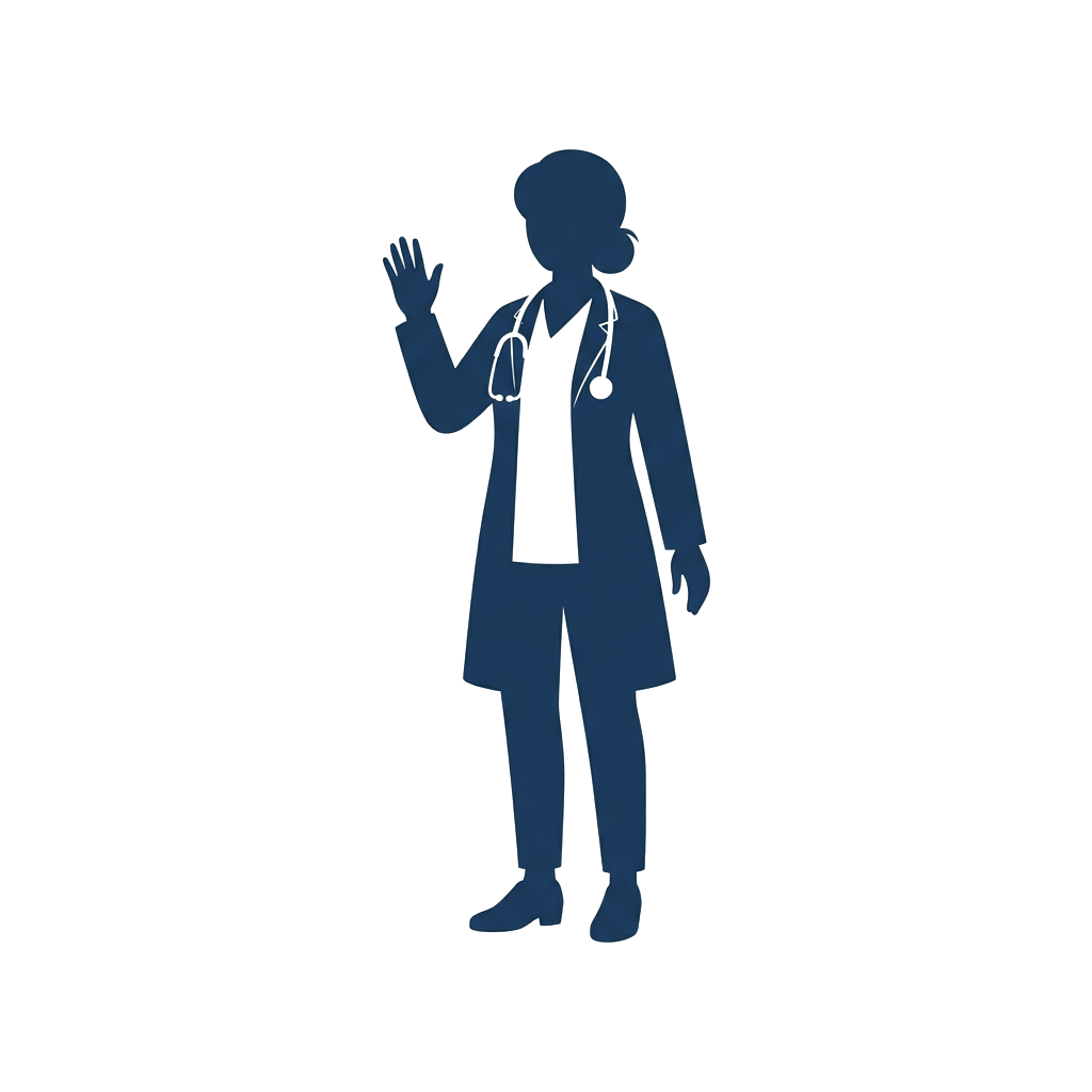 Silhouette of a medical professional wearing a lab coat and stethoscope waving one hand