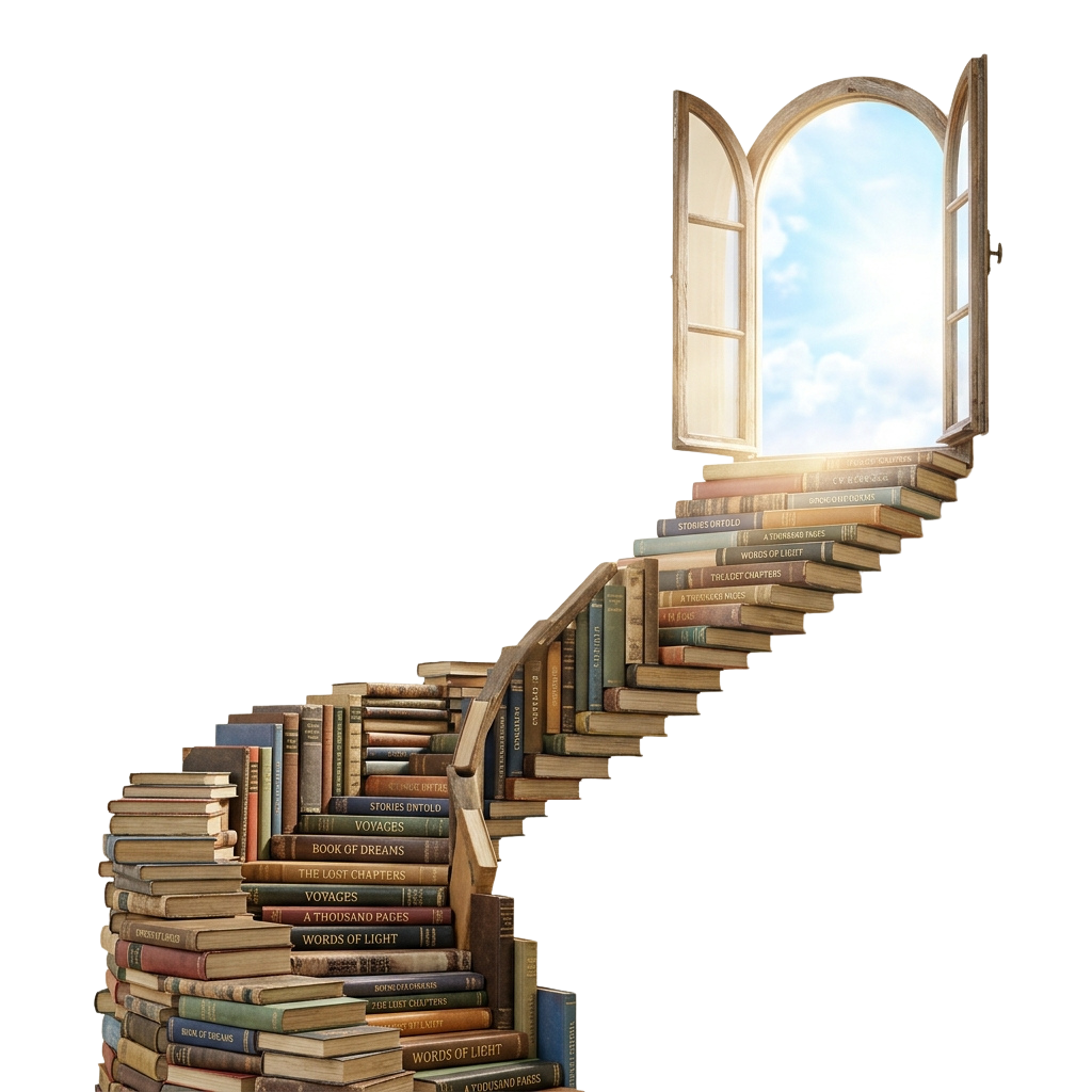 A staircase made of books leading up to an open window with sunlight streaming through