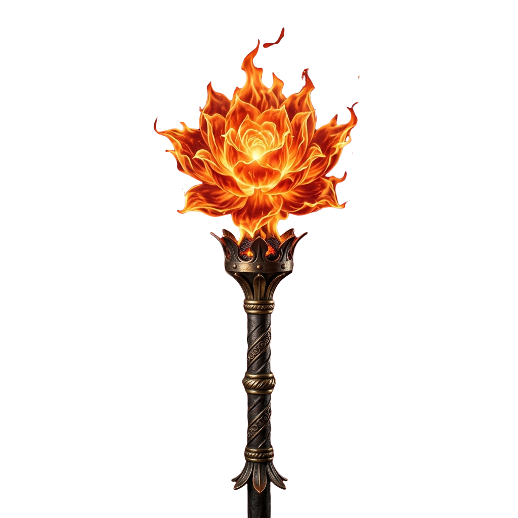 A lit torch with ornate detailing and bright orange flames against a black background