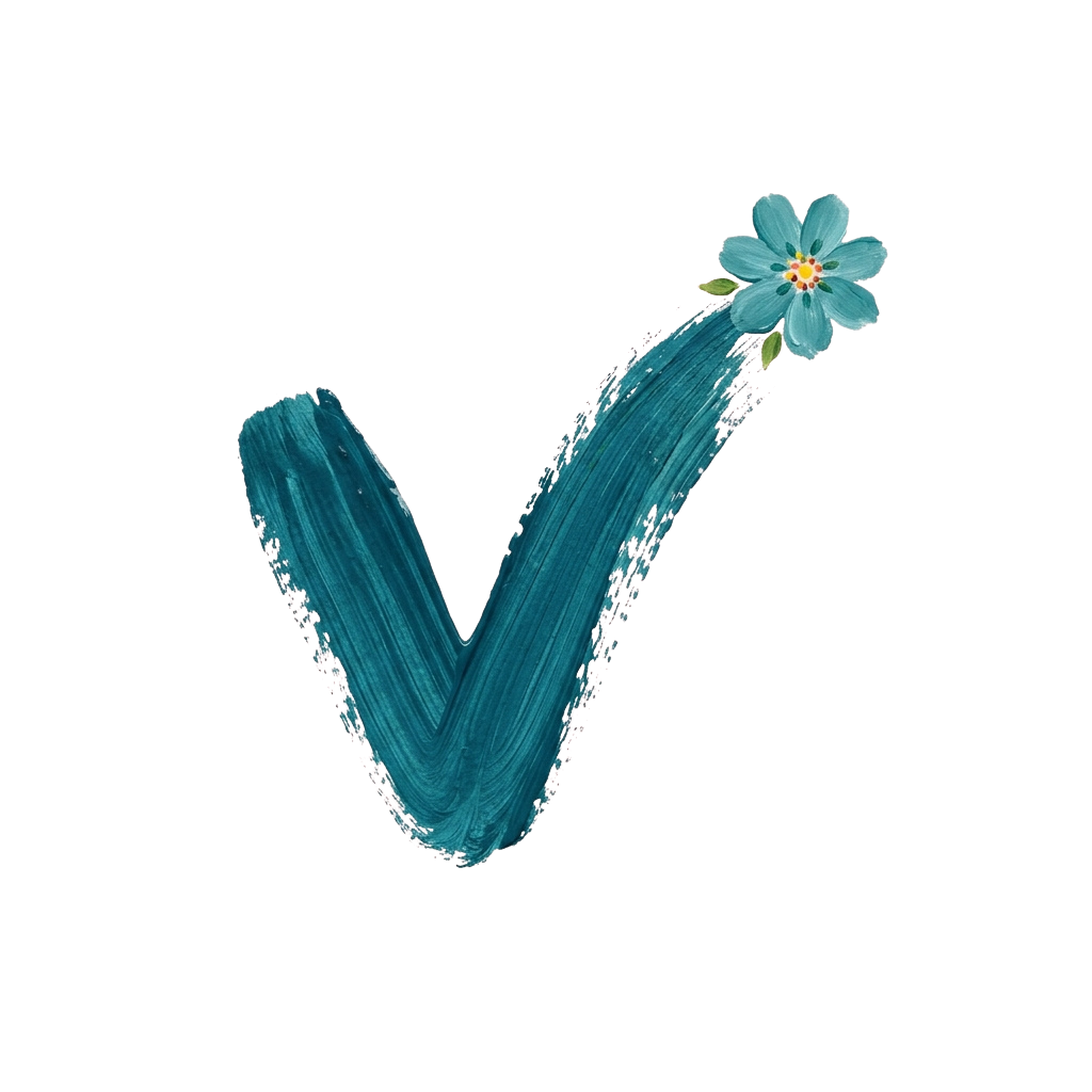 A stylized checkmark in teal with a blue flower at the top and white sparkles along the edges
