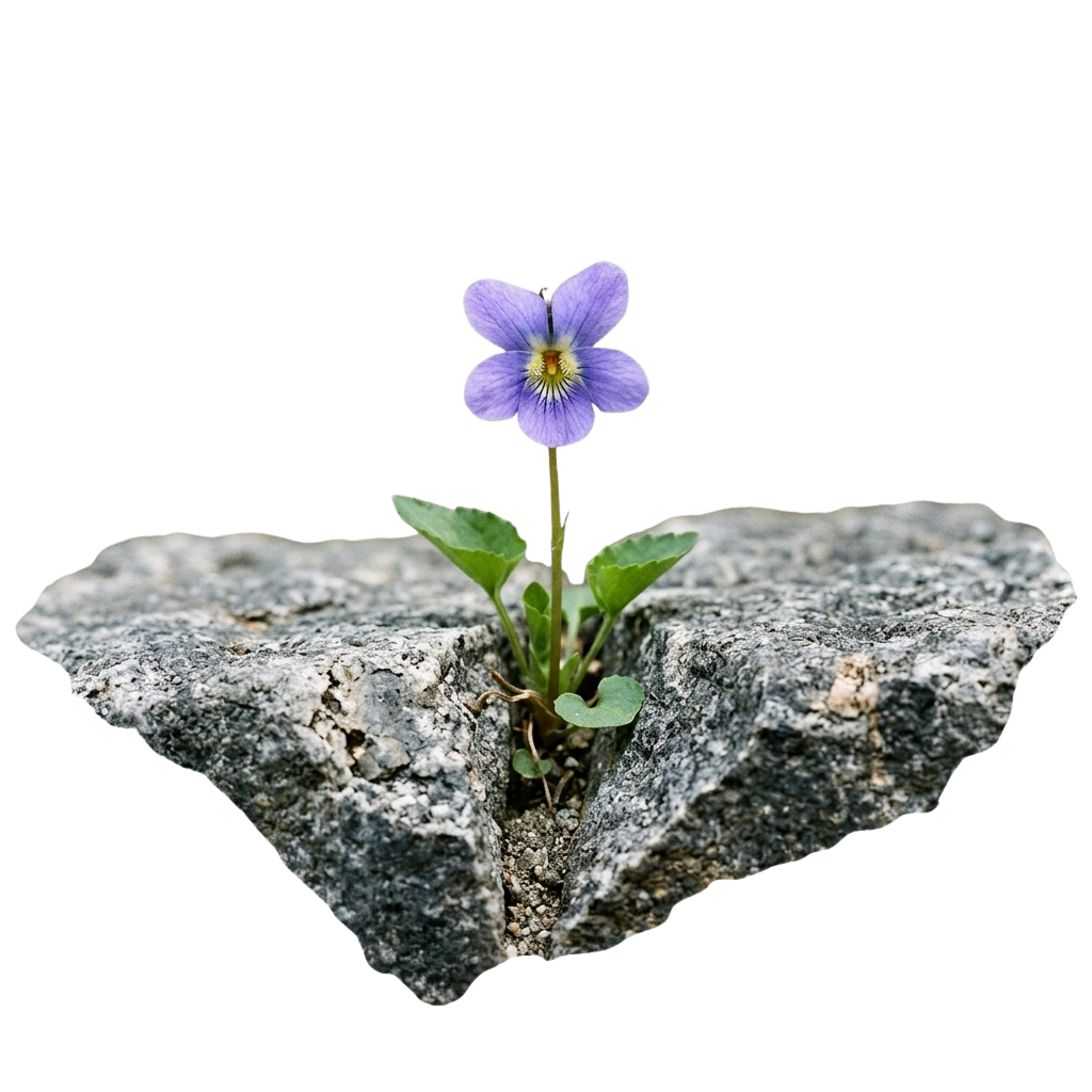 A purple flower with green leaves growing out of a cracked concrete heart shape