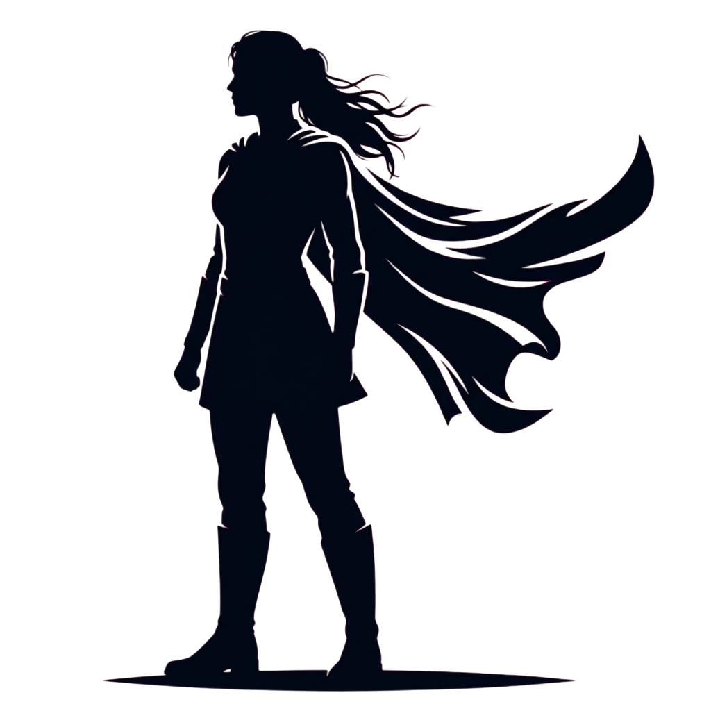 Silhouette of a woman with long flowing hair walking against a dark background