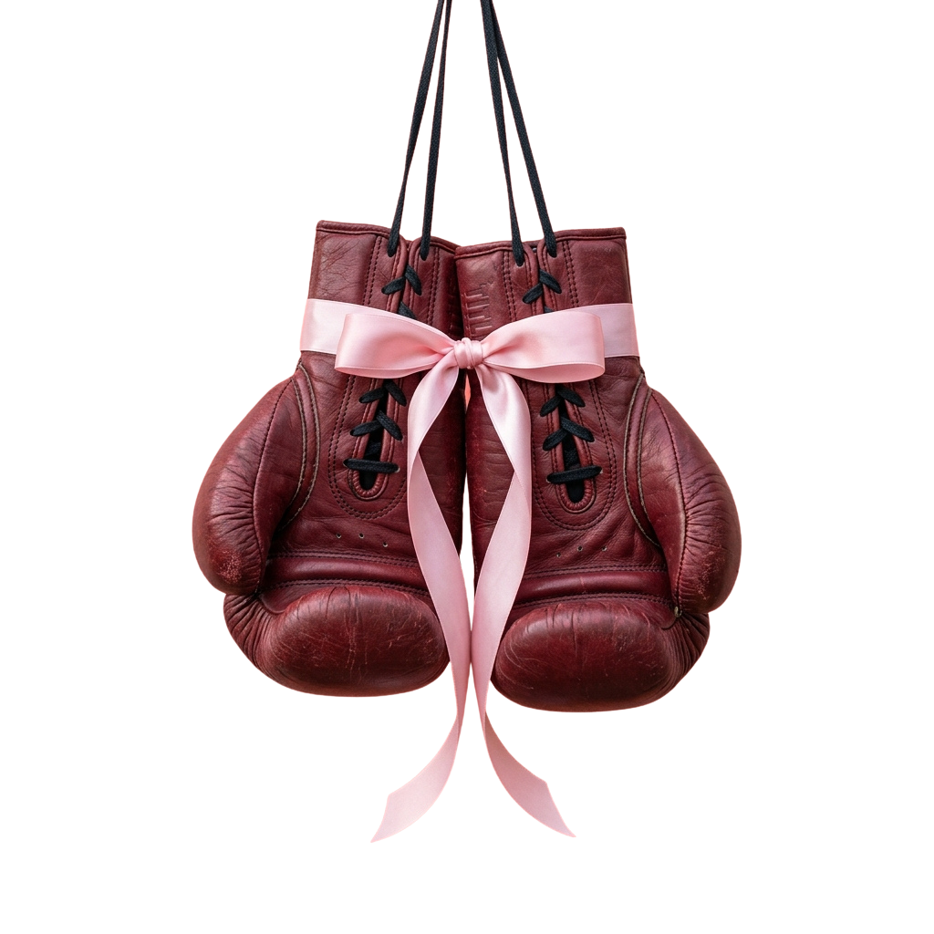 Pair of brown leather boxing gloves tied together with a pink ribbon bow hanging from black straps