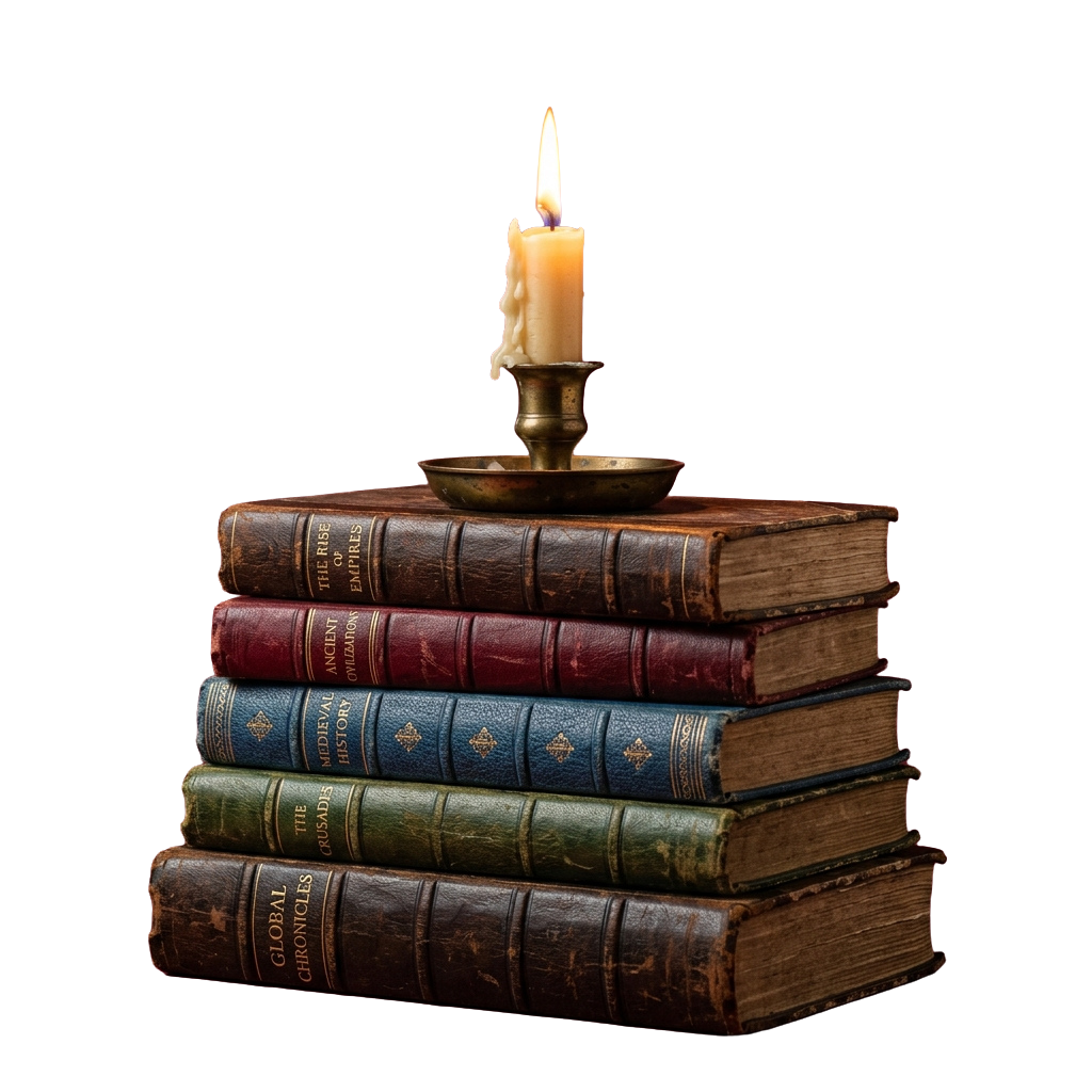 Five vintage books stacked with a lit candle on top, symbolizing knowledge and history