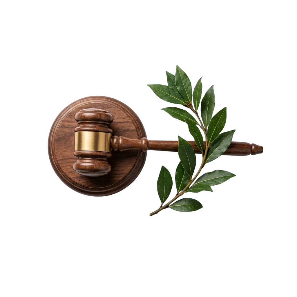 A wooden gavel with a gold head next to a green laurel branch on a black background