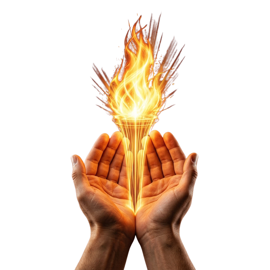 Two hands cupping a bright digital flame with glowing orange and yellow light effects