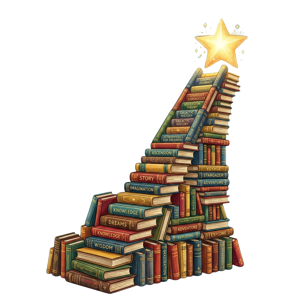 A colorful pyramid of books forming stairs with a glowing star at the top