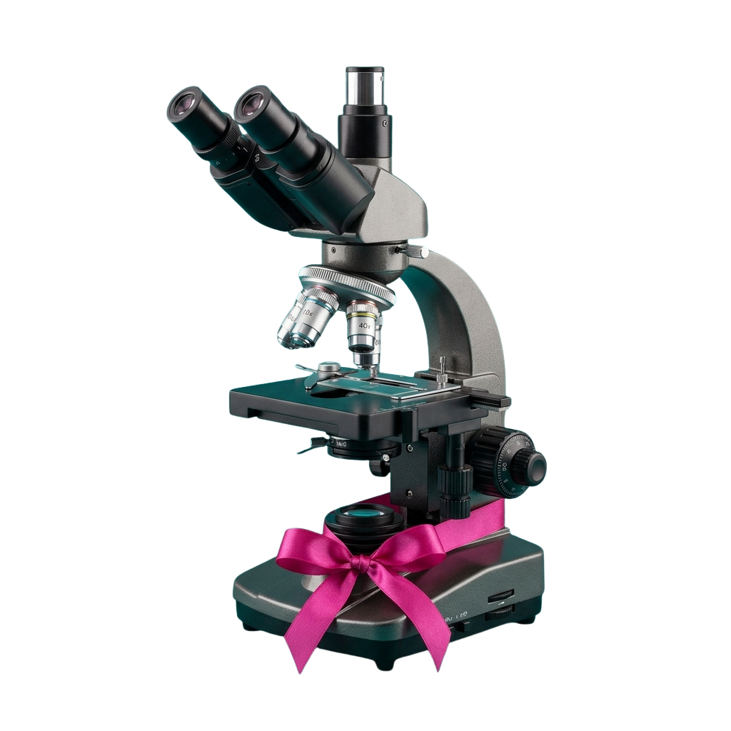 A black and silver microscope with a pink decorative ribbon tied around its base