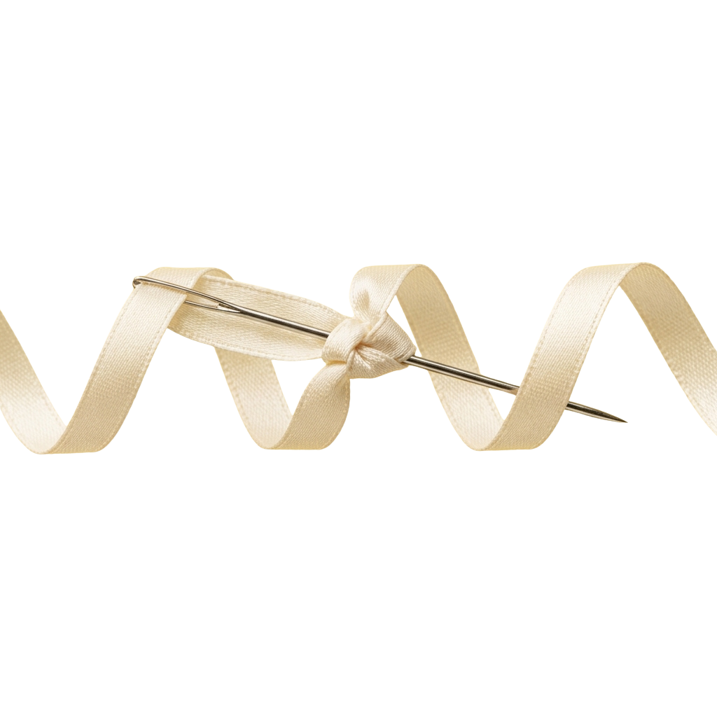 A light beige satin ribbon tied in a decorative bow with two straight pins.