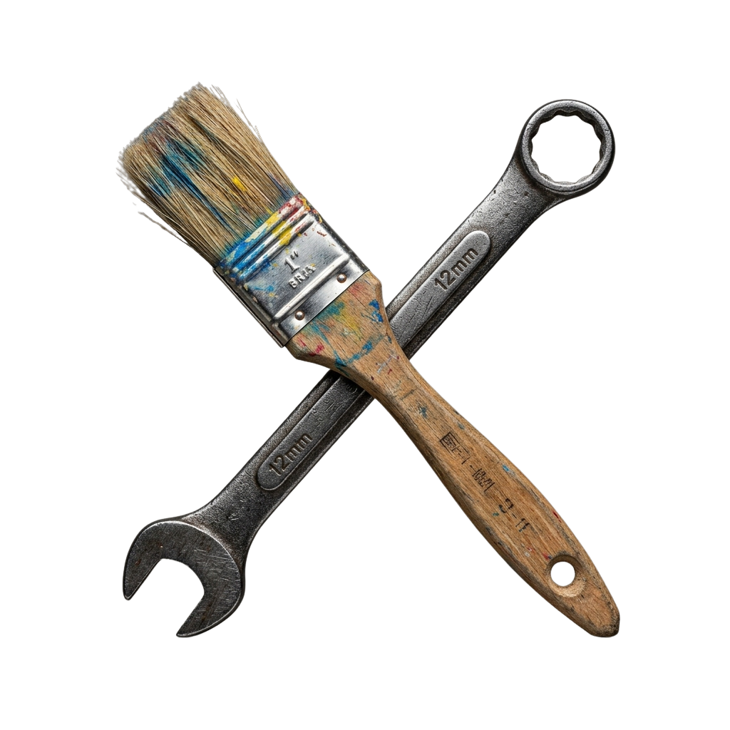 A paintbrush with bristles and a 12mm adjustable wrench crossed over each other on a black background