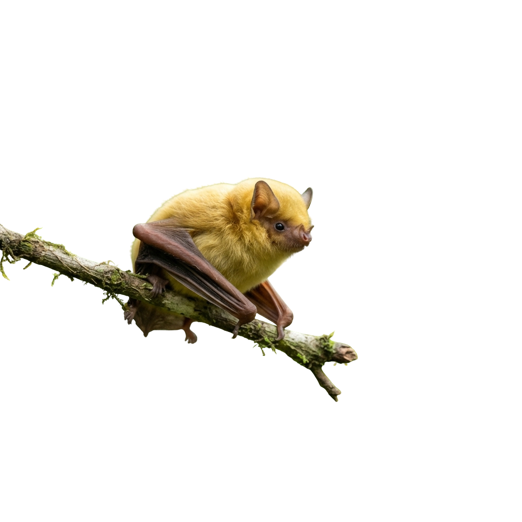 A yellow bat hanging upside down from a moss-covered branch