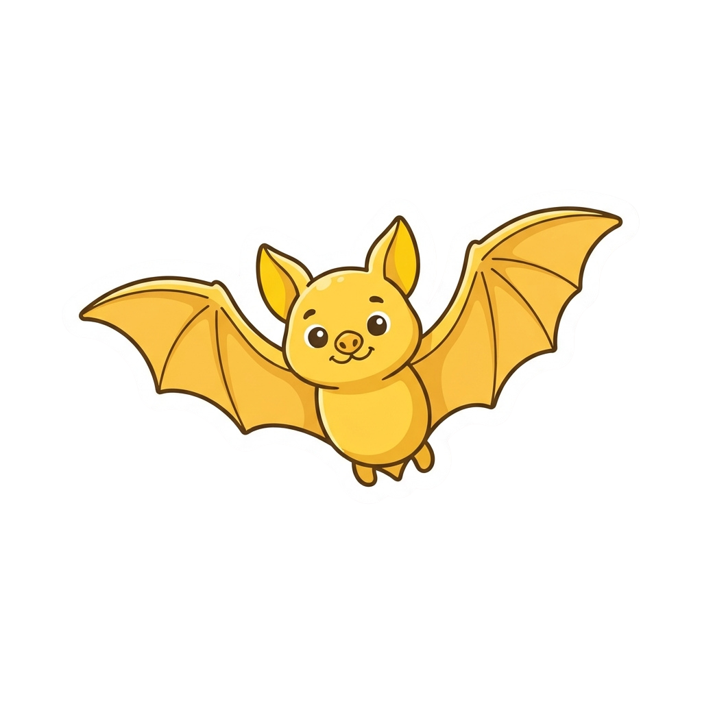 A cheerful cartoon bat with large wings and a smiling face flying against a black background