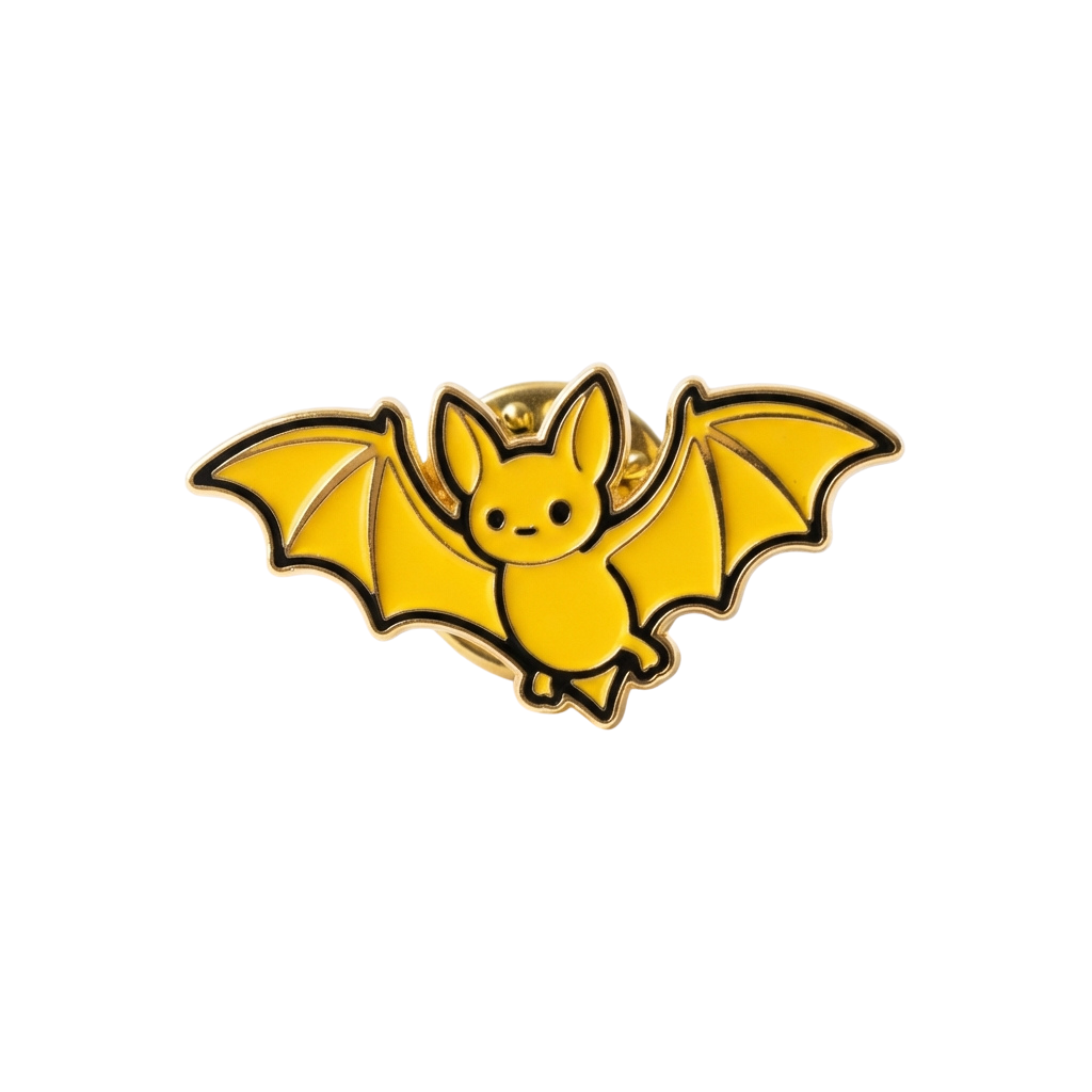 A bright yellow enamel pin featuring a cartoon bat with wings and a smiling face