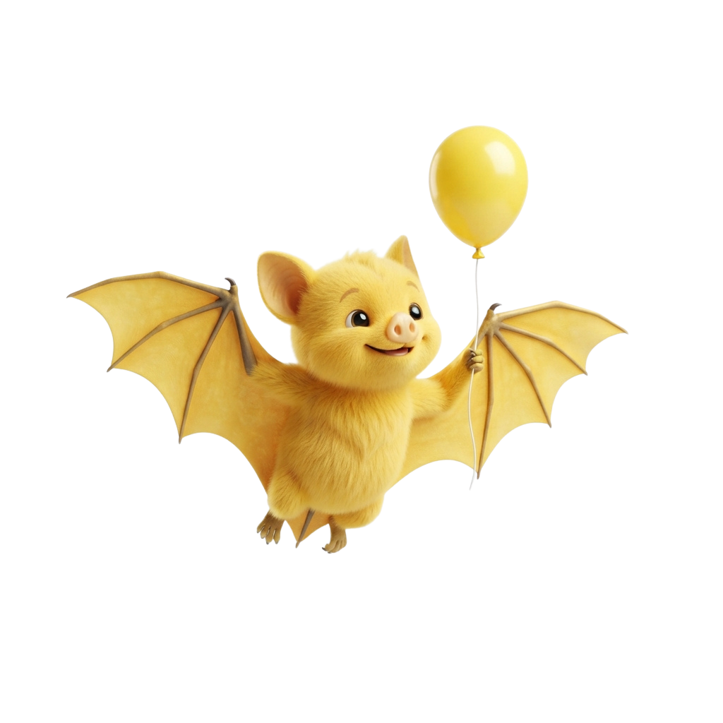 A cheerful cartoon bat with wings spread, holding a yellow balloon while smiling