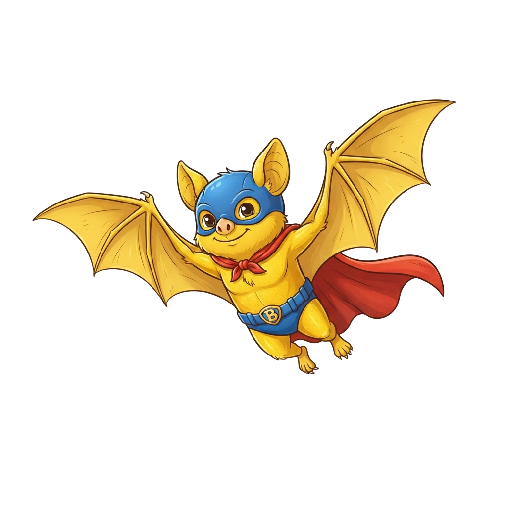 A cheerful cartoon bat with yellow fur, blue helmet, red cape, and a superhero belt flying against a black background