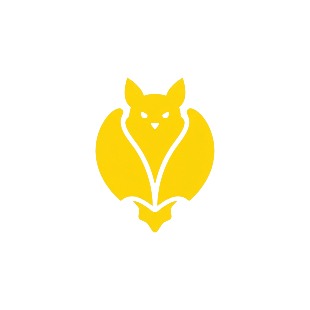 A bright yellow silhouette of a fox bat facing forward against a black background