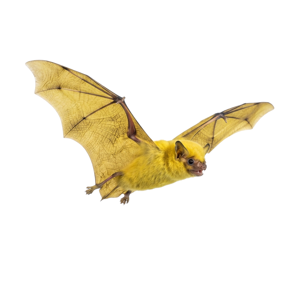 A yellow bat in flight with fully extended wings against a black background