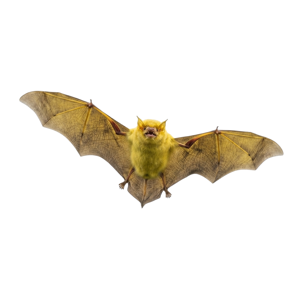 A bat with yellowish fur flying against a black background