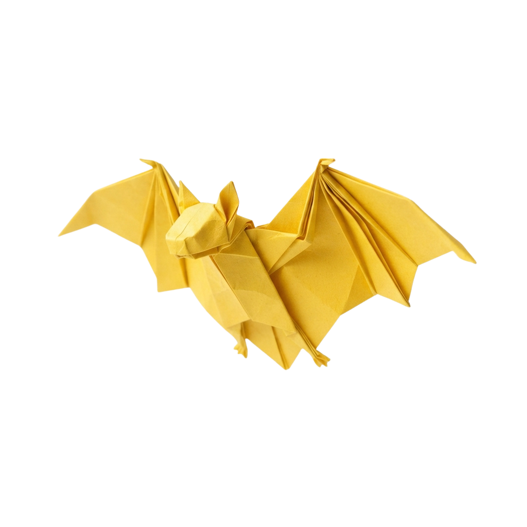 A yellow origami bat in mid-flight against a black background