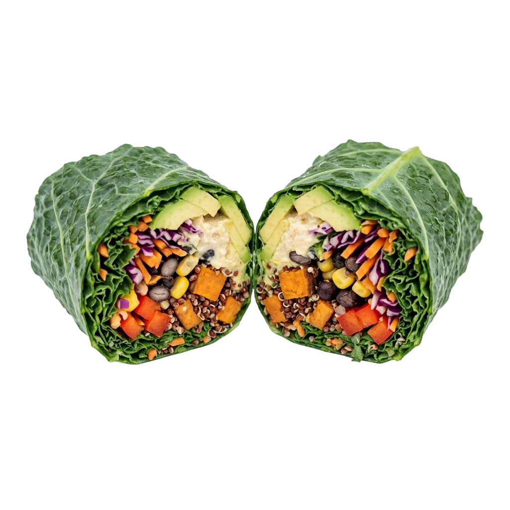 Two open cabbage leaves filled with quinoa, avocado, carrots, corn, and purple cabbage