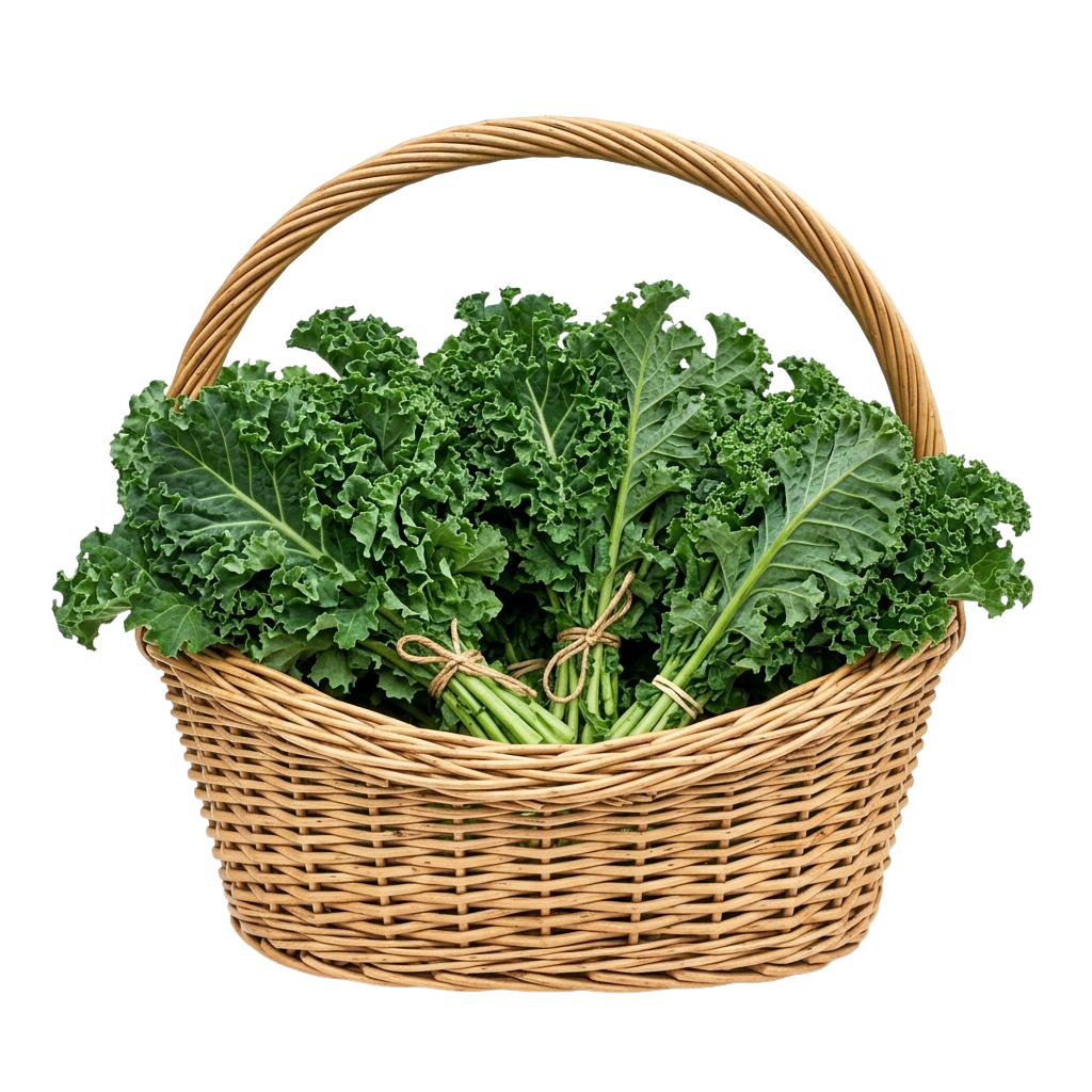 A wicker basket filled with fresh green kale leaves and stems tied with twine
