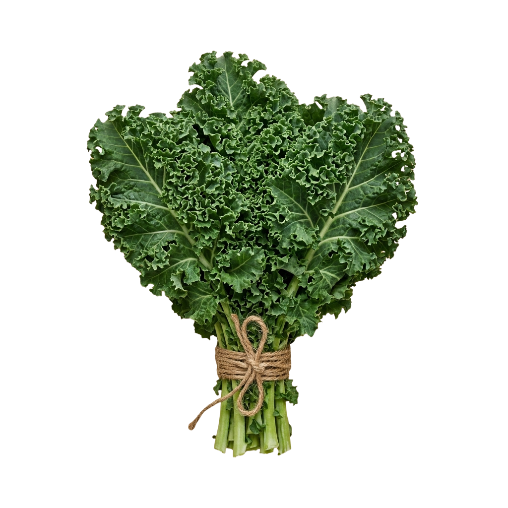 A bundle of curly kale leaves tied with twine in a heart shape