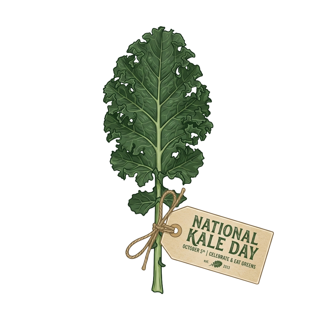 Illustration of a kale leaf with a tag reading National Kale Day October 5th Celebrate Eat Greens