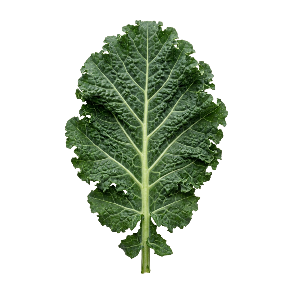 A single large green kale leaf with prominent veins and ruffled edges