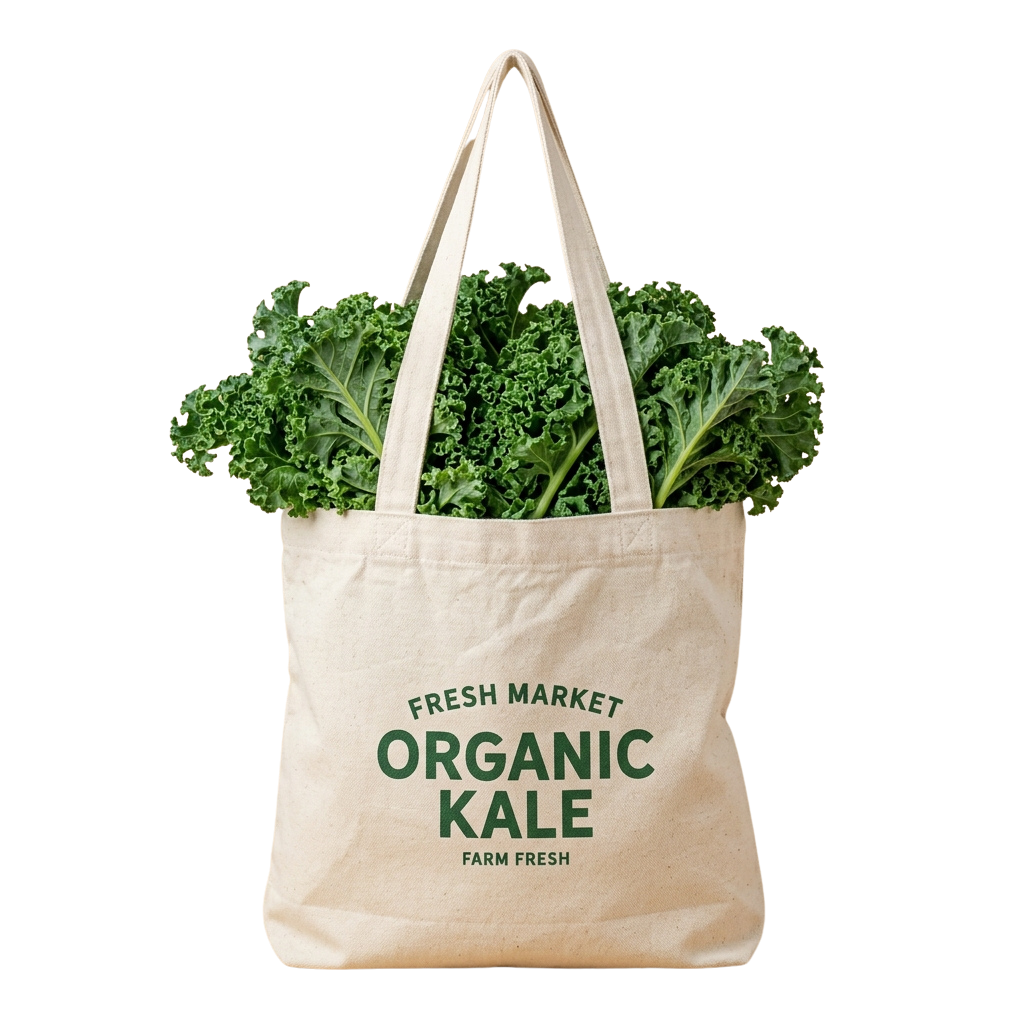 A beige tote bag filled with fresh organic kale leaves, labeled Organic Kale and Farm Fresh