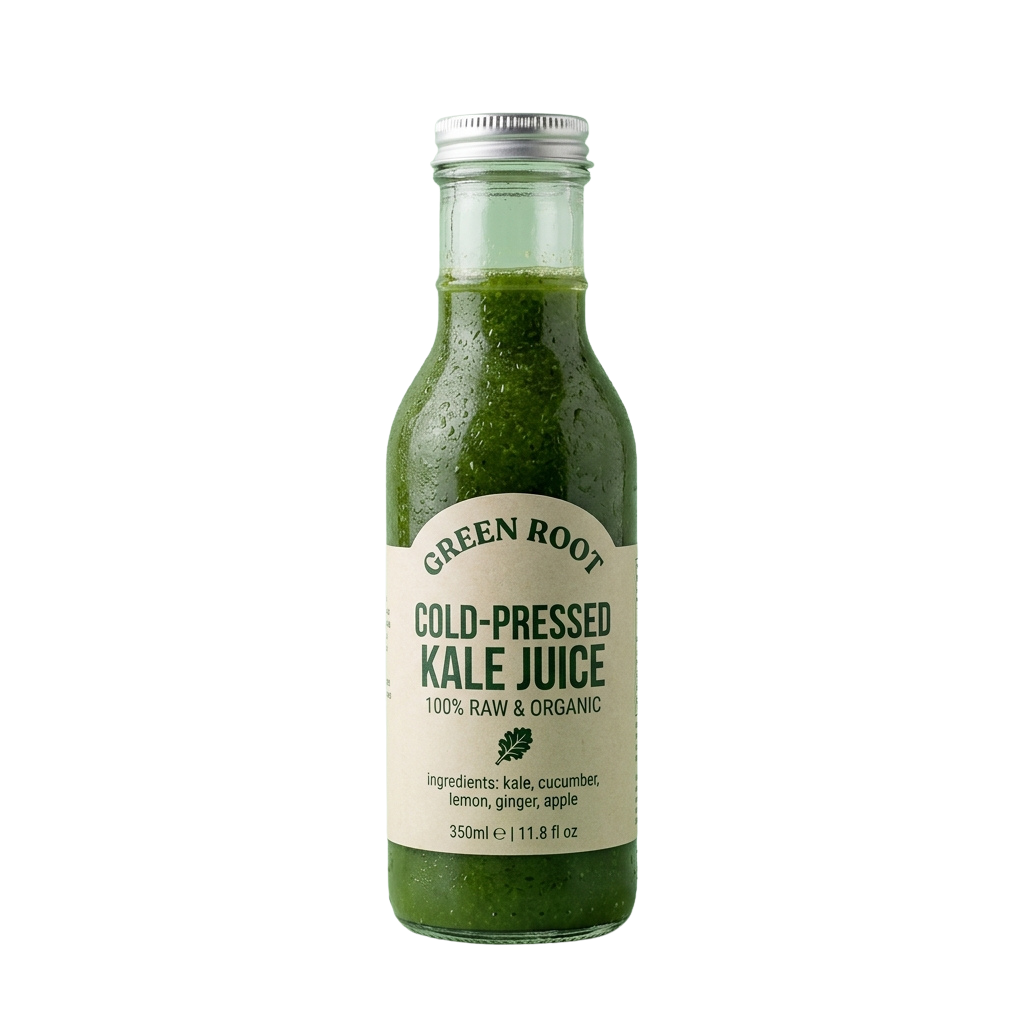 Bottle of cold-pressed organic kale juice with green liquid and white label listing ingredients