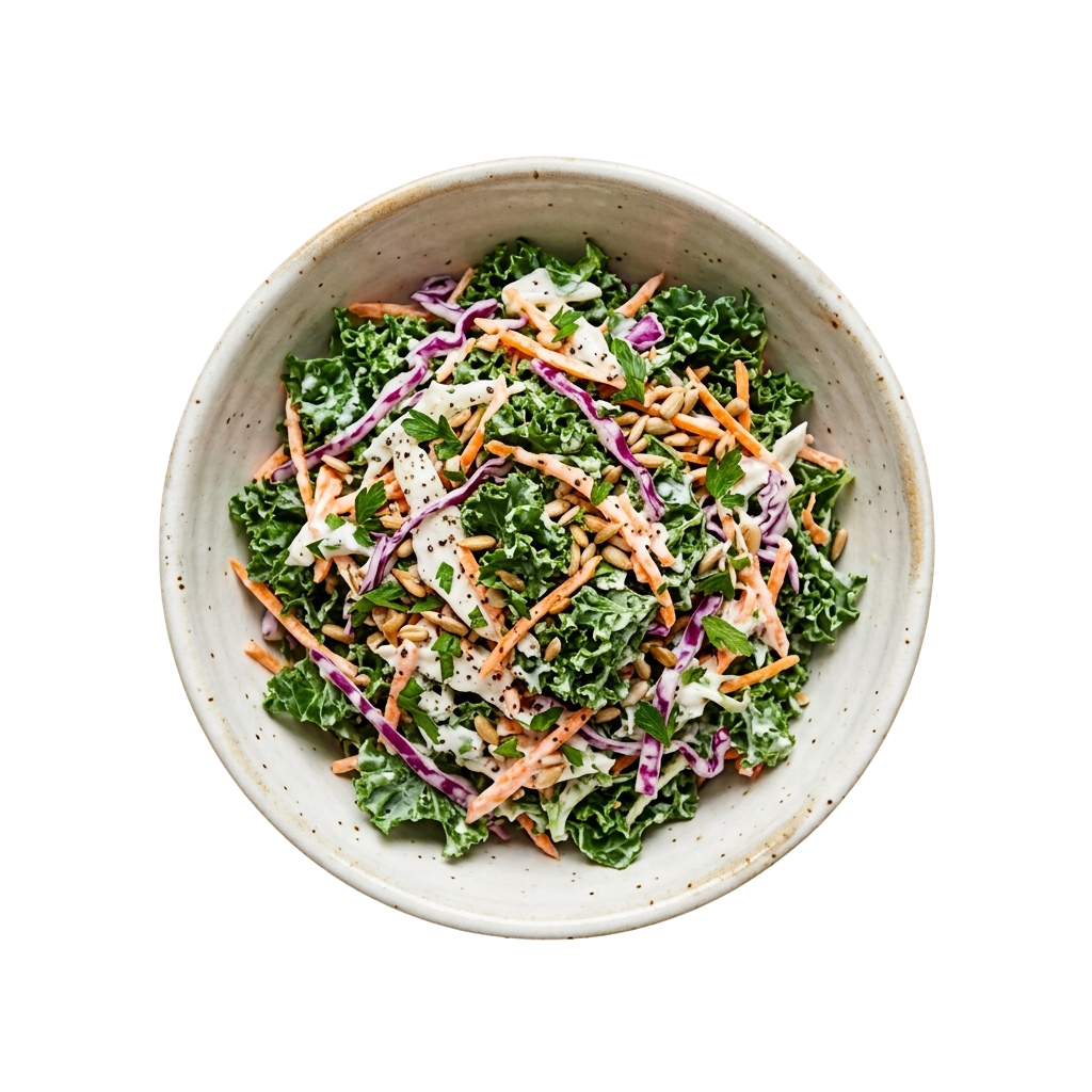 Bowl of kale salad topped with shredded carrots, cabbage, and creamy dressing