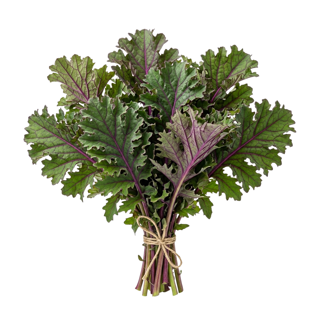A bundle of fresh kale with green leaves and purple-red stalks tied together with twine