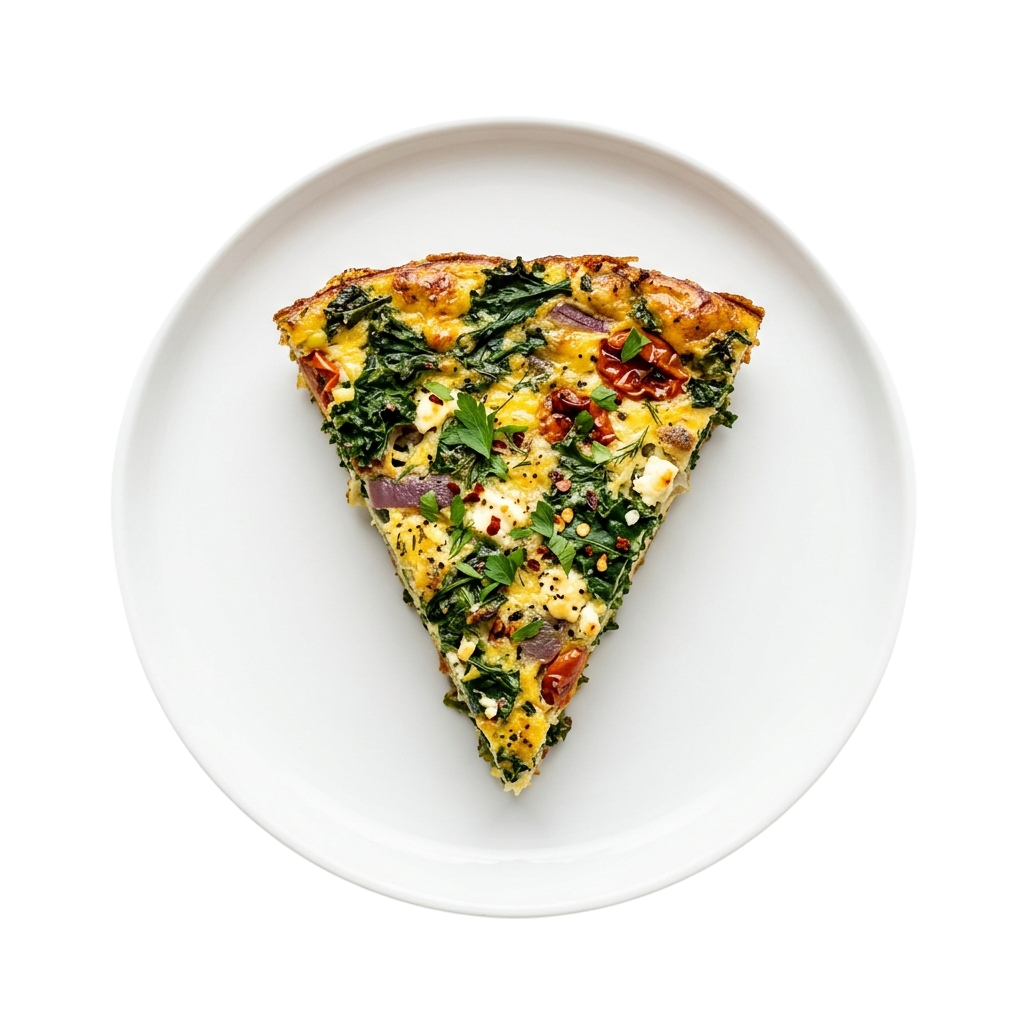 A slice of flatbread pizza topped with spinach, egg whites, red peppers, and cheese on a white plate