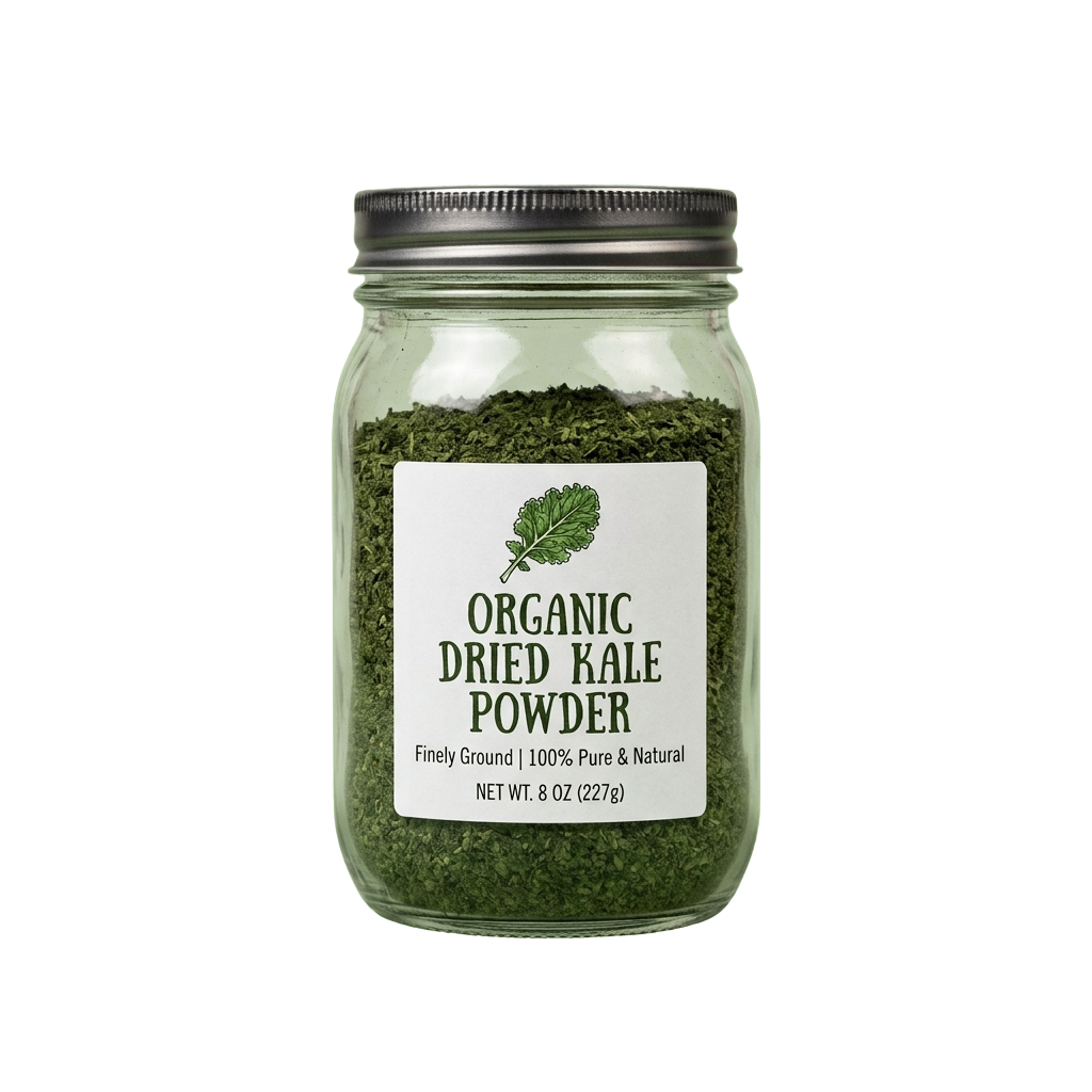 Glass jar filled with organic dried kale powder, labeled with kale leaf graphic and product details