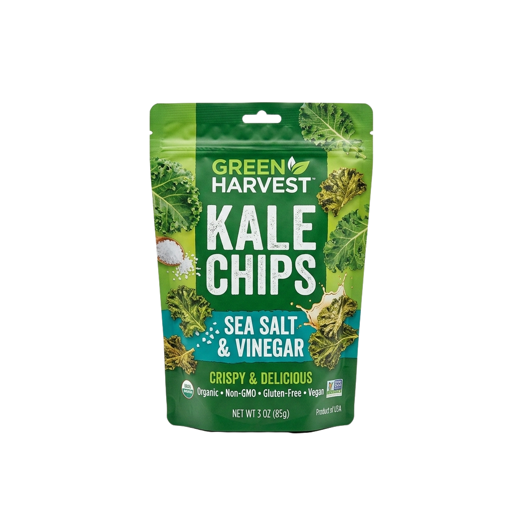 Bag of green kale chips flavored with sea salt and vinegar, labeled organic and vegan.