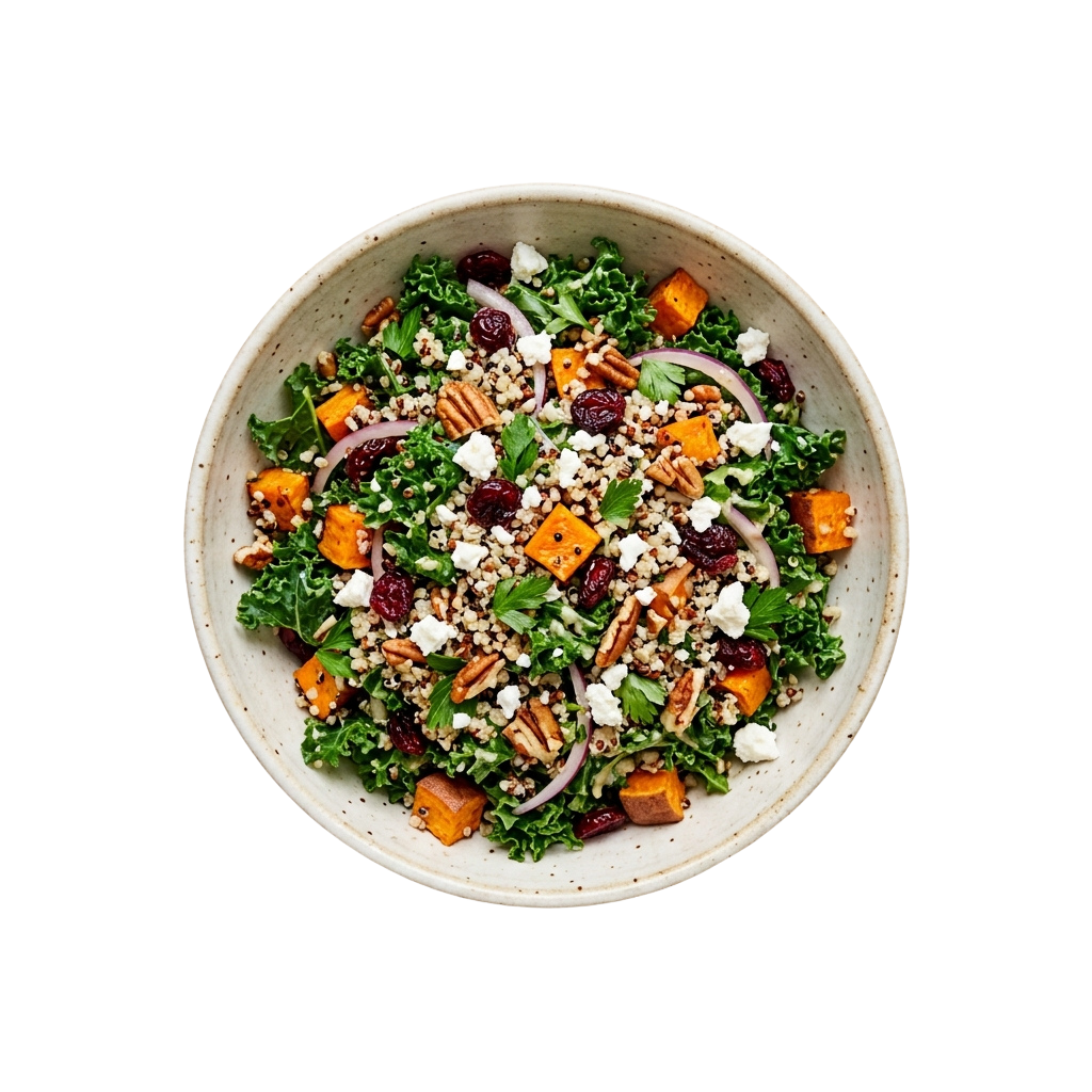 Bowl of quinoa salad with roasted sweet potatoes, kale, red cranberries, pecans, crumbled feta, and red onion slices