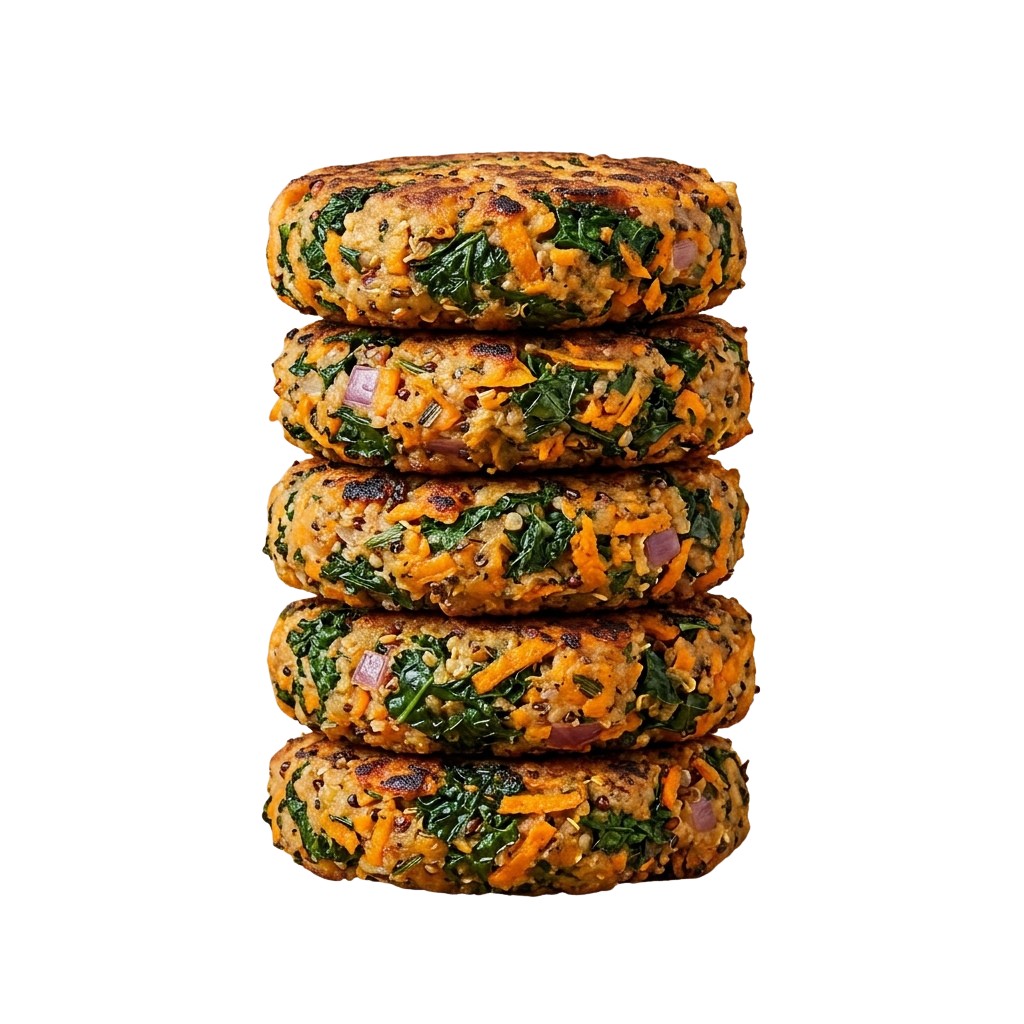 Five round, golden-brown veggie patties stacked, containing spinach and sweet potato visible ingredients