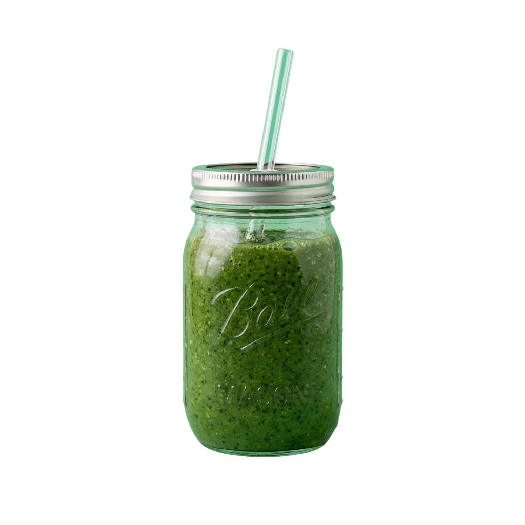 A mason jar filled with green smoothie topped with a metal lid and straw against a black background