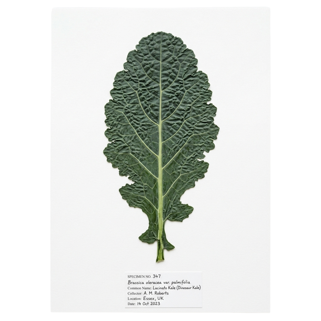 A preserved lacinato kale leaf specimen with detailed veins and jagged edges on a white background