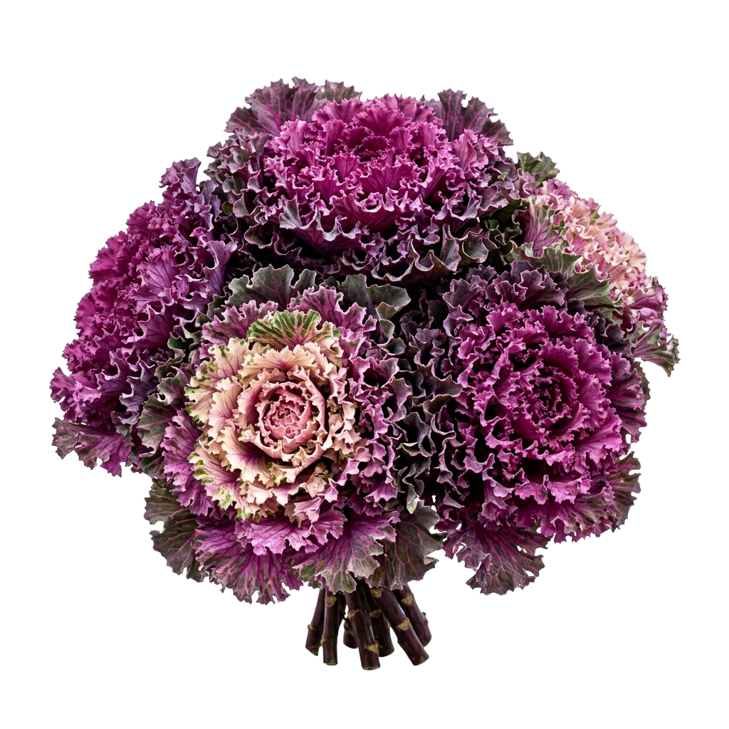 A close-up of a vibrant bouquet featuring purple frilled kale flowers with ruffled edges