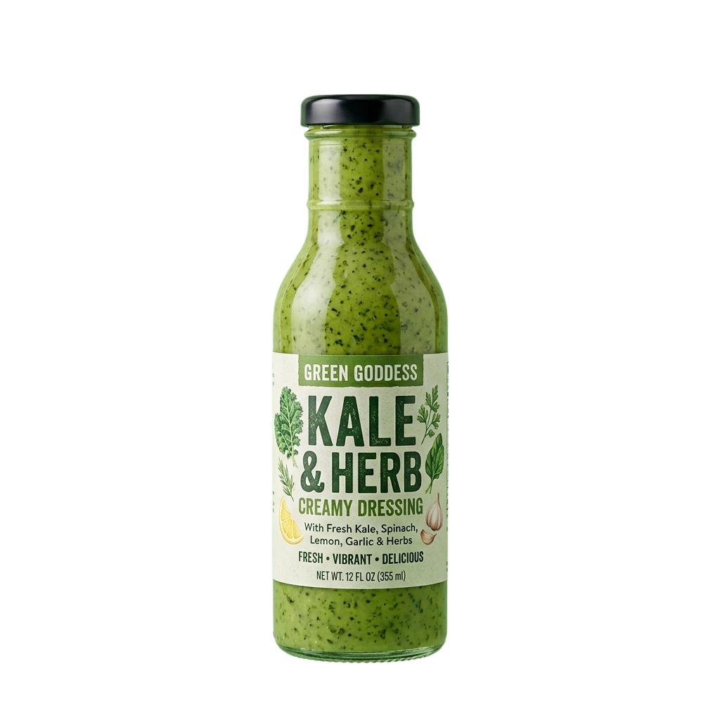 A bottle of green goddess kale and herb creamy dressing with fresh ingredients like kale, spinach, lemon, garlic, and herbs.