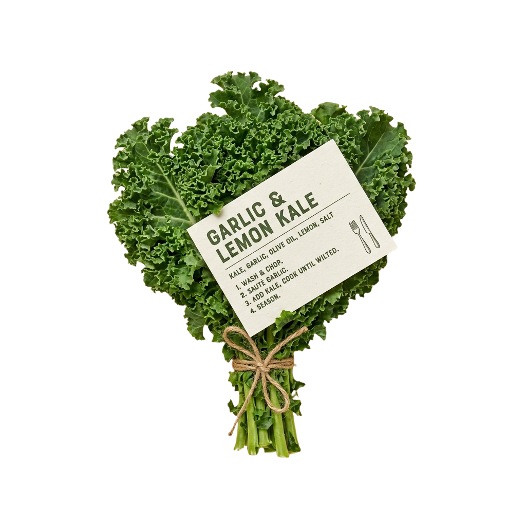 Fresh kale bundle tied with twine featuring a recipe card for garlic and lemon kale