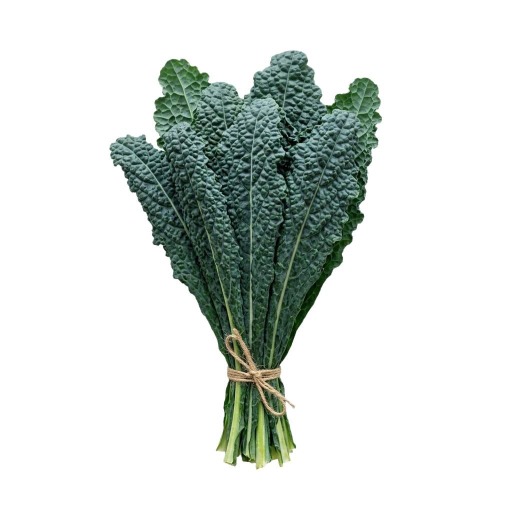 A bundle of fresh green kale leaves tied together with twine