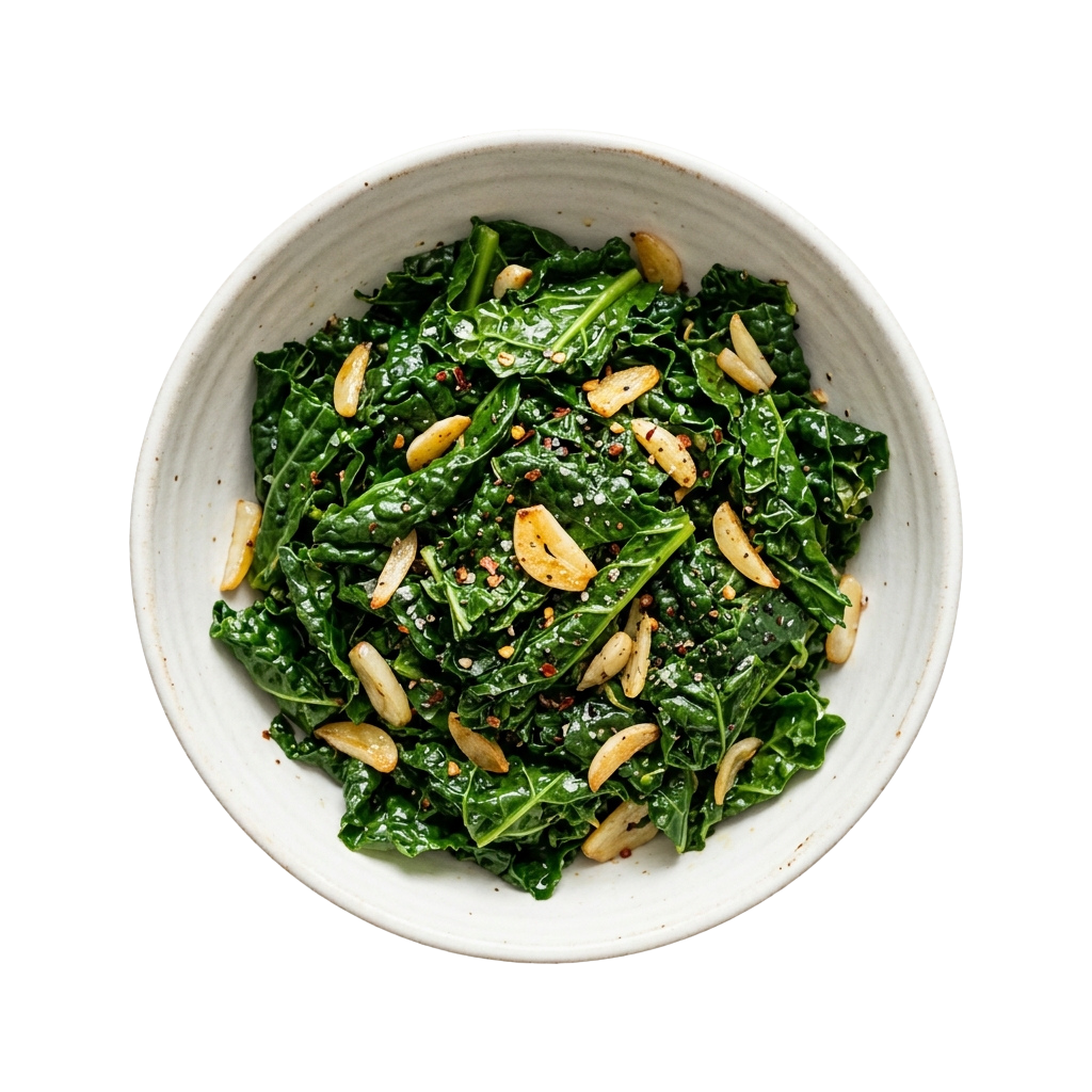 A white bowl filled with sautéed kale and sliced almonds garnished with red pepper flakes