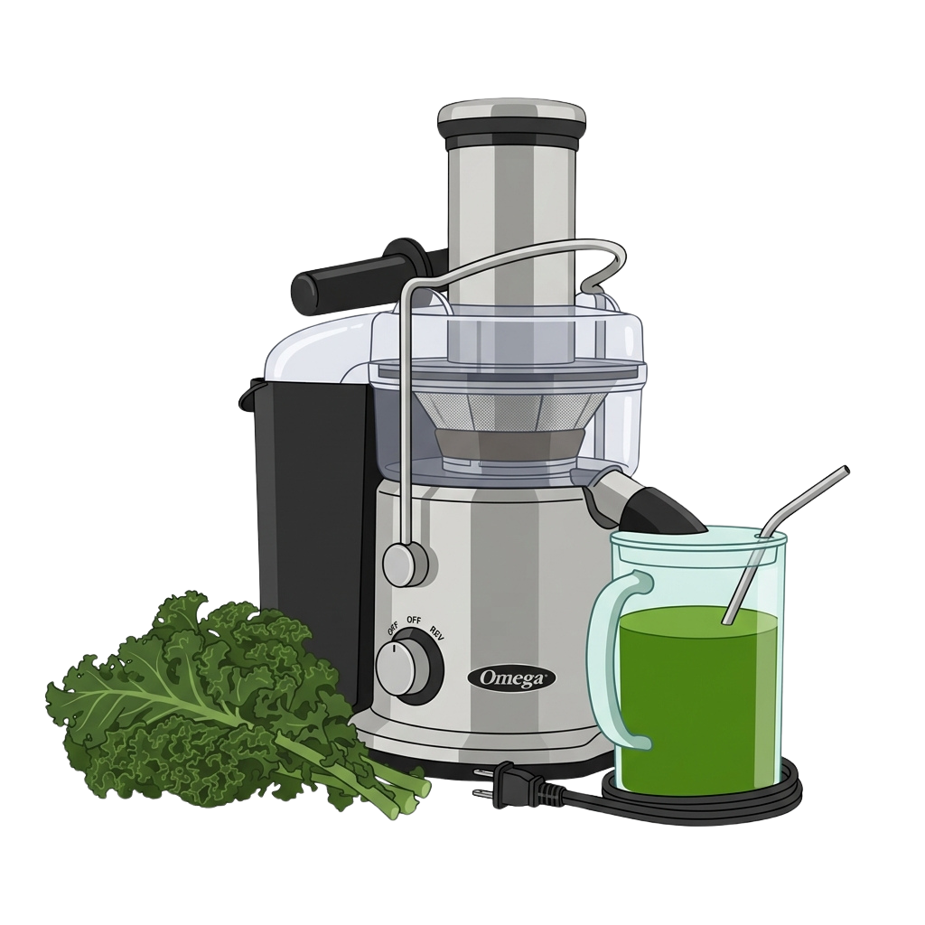 A juicer machine next to a glass of green juice and fresh kale leaves