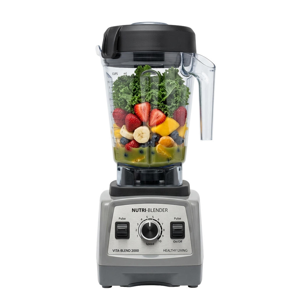 A high-capacity blender filled with mixed fruits and greens, ready for blending healthy drinks