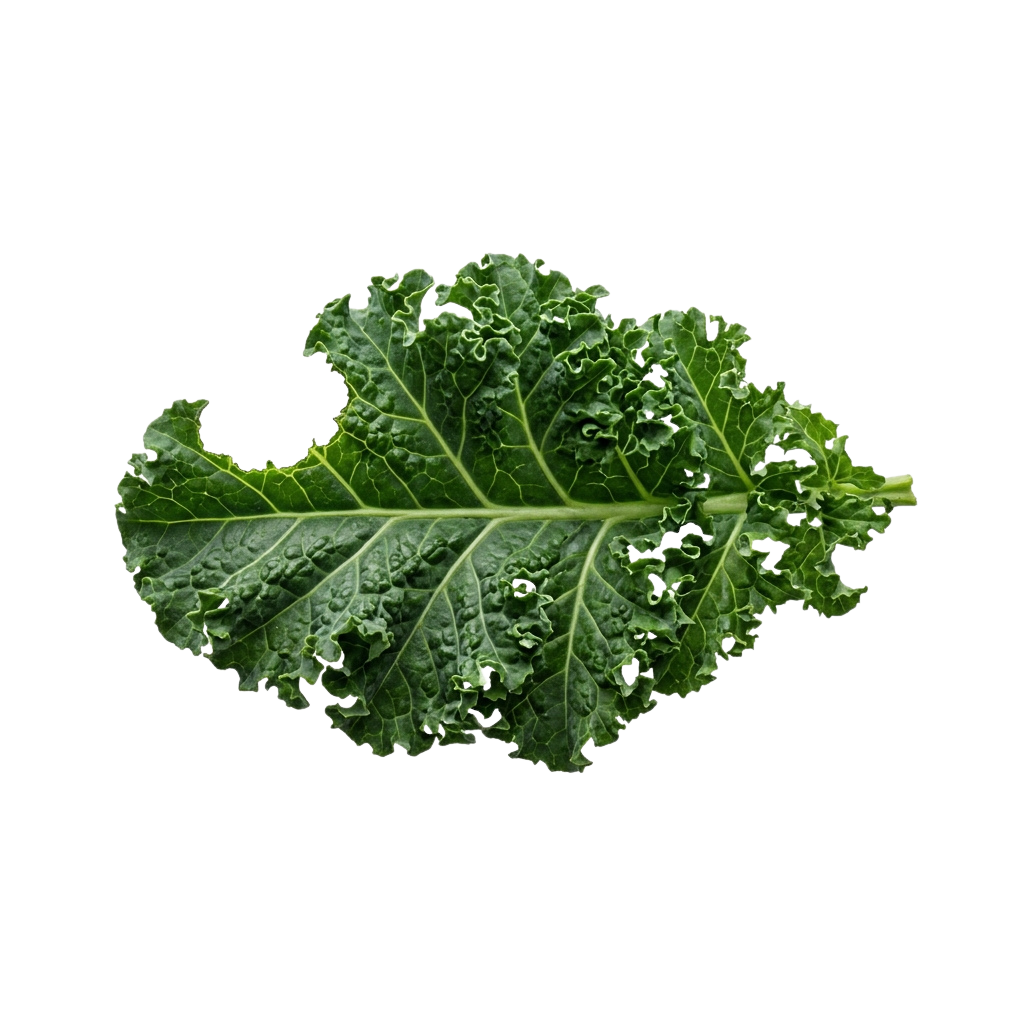 A close-up image of a single fresh green kale leaf with visible veins and jagged edges.