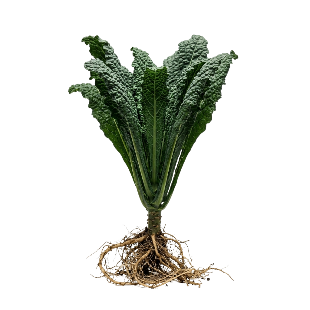 A close-up image of a fresh kale plant with green leaves and visible roots.
