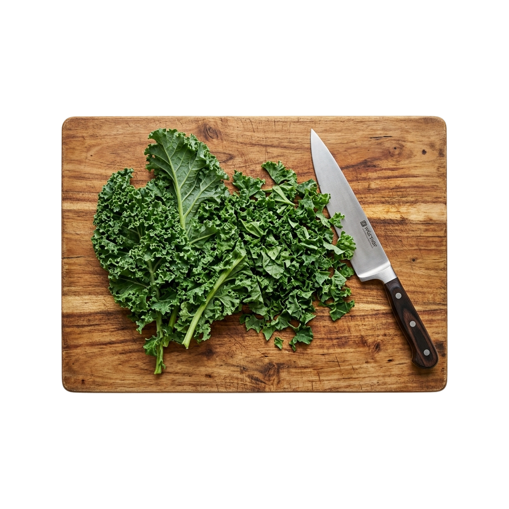 Fresh chopped kale leaves on a wooden board with a knife beside them